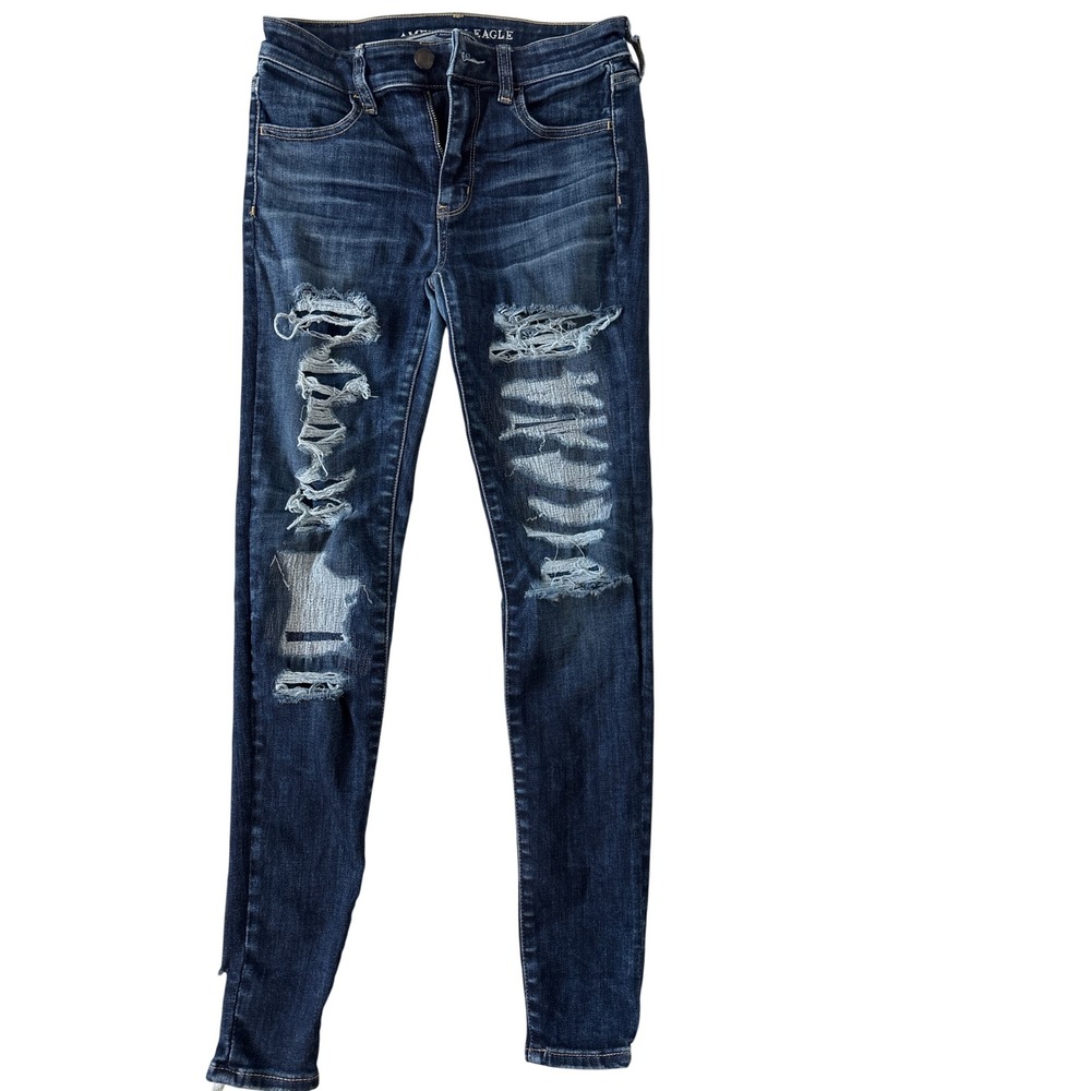 American Eagle Hi-Rise Jegging Size 4 Dark Wash Distressed Super Super Stretch X